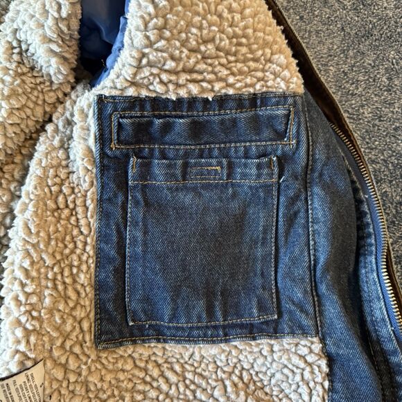 VTG Wrangler Chore Coat Mens Small Denim Sherpa Lined Barn Jacket Pockets Heavy - Picture 12 of 16